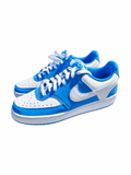 A pair of Nike Air Force 1 Low sneakers in a vibrant blue and white colorway, featuring perforated leather panels, white laces, and the signature Nike Swoosh.